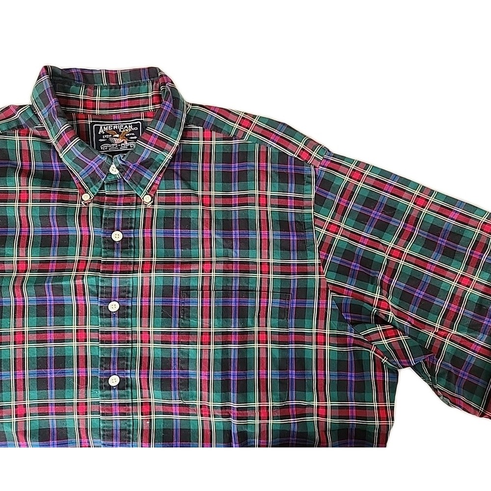 American Living Men's 2XL 100% Cotton Green/Blue Plaid Long Sleeve Button EUC
